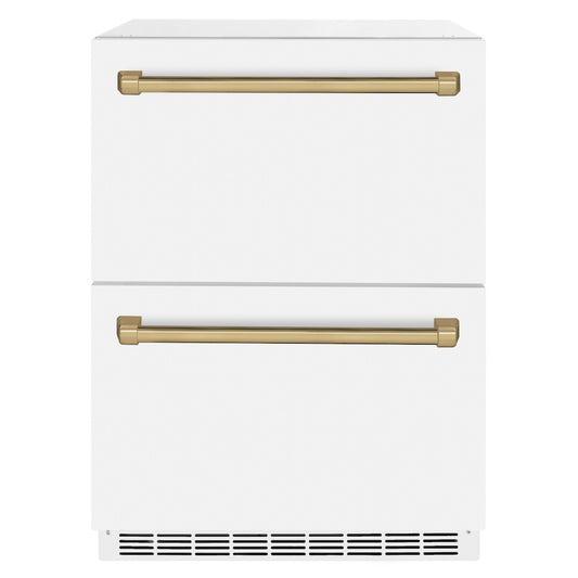 ZLINE Autograph Edition 24 in. Touchstone 168 Can Outdoor-Rated Dual Refrigerator Drawer with White Matte Doors and Champagne Bronze Handles (RDSOZ-WM-24-CB)