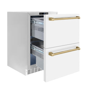 ZLINE Autograph Edition 24 in. Touchstone 168 Can Outdoor-Rated Dual Refrigerator Drawer with White Matte Doors and Champagne Bronze Handles (RDSOZ-WM-24-CB) side, open, empty.