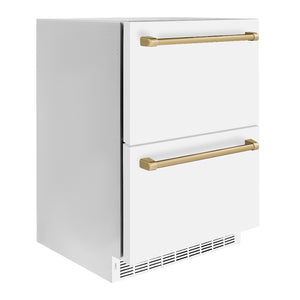 ZLINE Autograph Edition 24 in. Touchstone 168 Can Outdoor-Rated Dual Refrigerator Drawer with White Matte Doors and Champagne Bronze Handles (RDSOZ-WM-24-CB) side, closed.