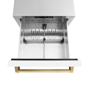 ZLINE Autograph Edition 24 in. Touchstone 168 Can Outdoor-Rated Dual Refrigerator Drawer with White Matte Doors and Polished Gold Handles (RDSOZ-WM-24-G) above, drawer open, with drawer divider installed.