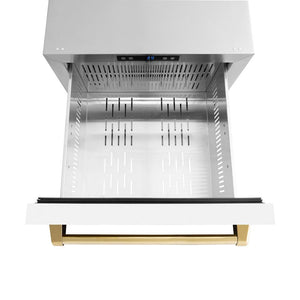 ZLINE Autograph Edition 24 in. Touchstone 168 Can Outdoor-Rated Dual Refrigerator Drawer with White Matte Doors and Polished Gold Handles (RDSOZ-WM-24-G) above, drawer open, with drawer divider removed.