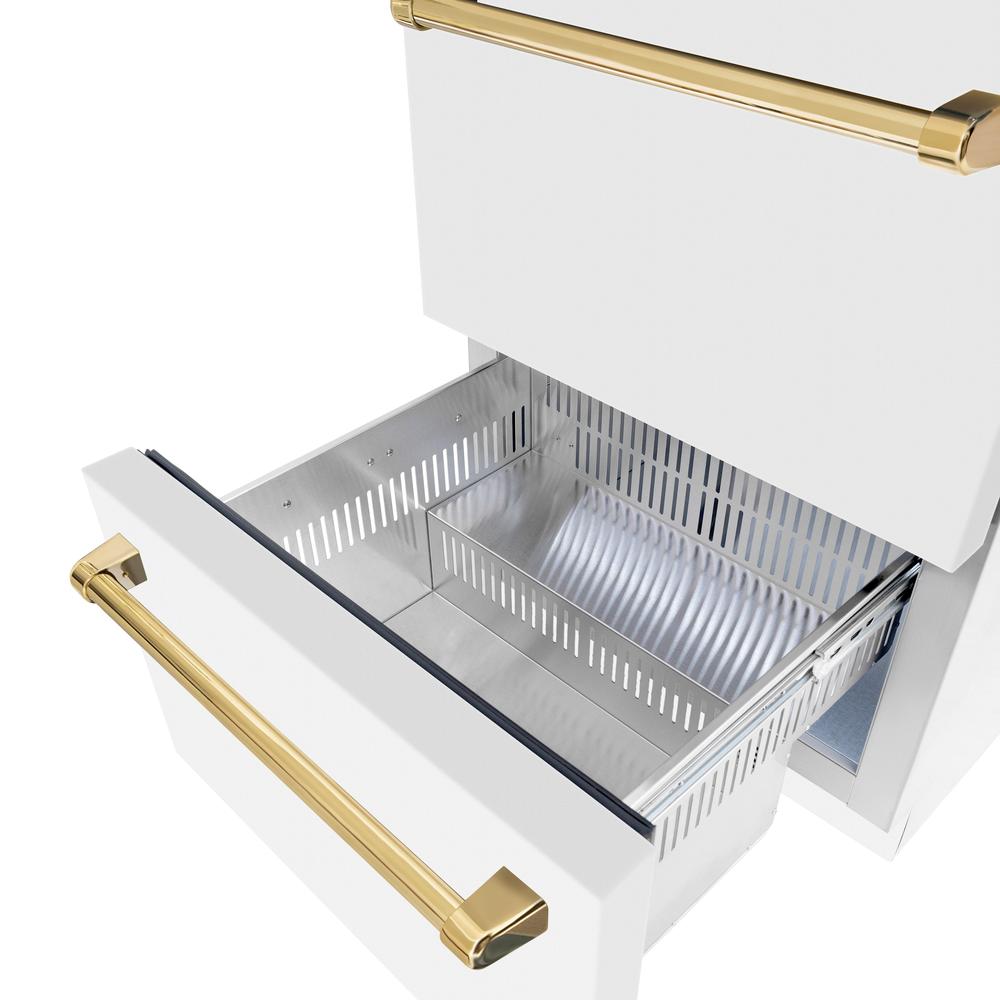 ZLINE Autograph Edition 24 in. Touchstone 168 Can Outdoor-Rated Dual Refrigerator Drawer with White Matte Doors and Polished Gold Handles (RDSOZ-WM-24-G) close-up detail, bottom drawer open.