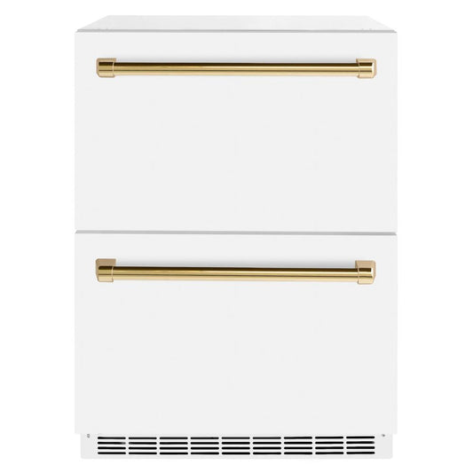 ZLINE Autograph Edition 24 in. Touchstone 168 Can Outdoor-Rated Dual Refrigerator Drawer with White Matte Doors and Polished Gold Handles (RDSOZ-WM-24-G)