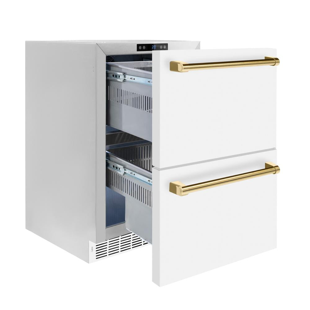 ZLINE Autograph Edition 24 in. Touchstone 168 Can Outdoor-Rated Dual Refrigerator Drawer with White Matte Doors and Polished Gold Handles (RDSOZ-WM-24-G) side, open, empty.