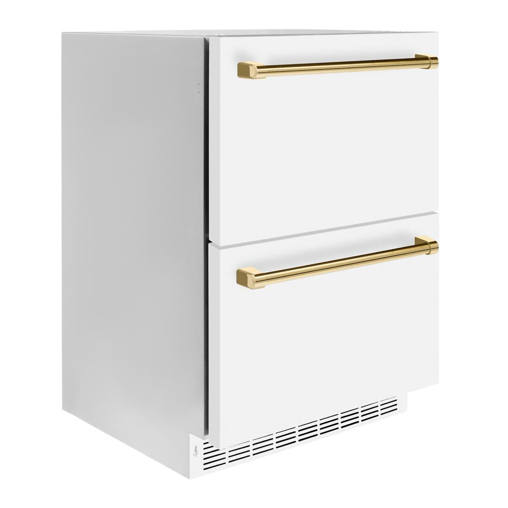 ZLINE Autograph Edition 24 in. Touchstone 168 Can Outdoor-Rated Dual Refrigerator Drawer with White Matte Doors and Polished Gold Handles (RDSOZ-WM-24-G) side, closed.
