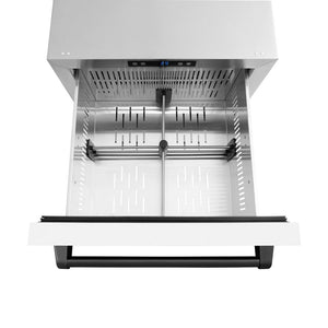 ZLINE Autograph Edition 24 in. Touchstone 168 Can Outdoor-Rated Dual Refrigerator Drawer with White Matte Doors and Matte Black Handles (RDSOZ-WM-24-MB) above, drawer open, with drawer divider installed.