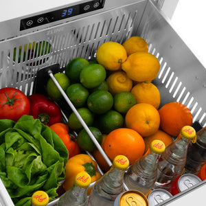 ZLINE Autograph Edition 24 in. Touchstone 168 Can Outdoor-Rated Dual Refrigerator Drawer with White Matte Doors and Matte Black Handles (RDSOZ-WM-24-MB) close-up detail, fruit and vegetables next to drinks inside top drawer.