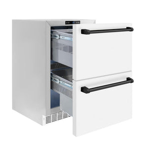 ZLINE Autograph Edition 24 in. Touchstone 168 Can Outdoor-Rated Dual Refrigerator Drawer with White Matte Doors and Matte Black Handles (RDSOZ-WM-24-MB) side, open, empty.