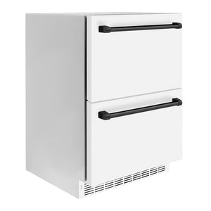 ZLINE Autograph Edition 24 in. Touchstone 168 Can Outdoor-Rated Dual Refrigerator Drawer with White Matte Doors and Matte Black Handles (RDSOZ-WM-24-MB) side, closed.