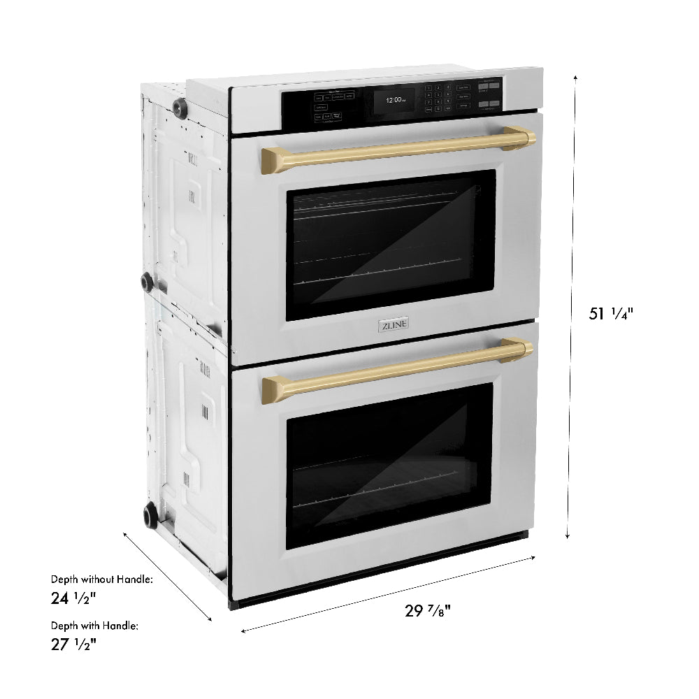 ZLINE Autograph Edition 30 in. Professional True Convection Double Wall Oven with Air Fry and Self Clean in Stainless Steel with Champagne Bronze Handles (WADZ-30-CB) dimensional diagram.