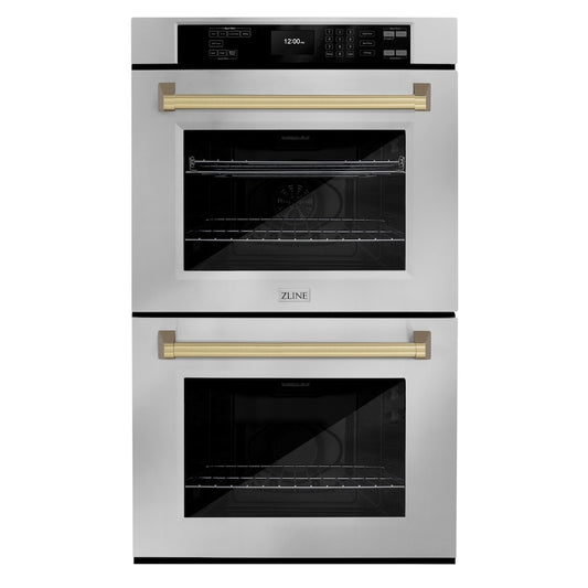 ZLINE Autograph Edition 30 in. Professional True Convection Double Wall Oven with Air Fry and Self Clean in Stainless Steel with Champagne Bronze Handles (WADZ-30-CB) front.