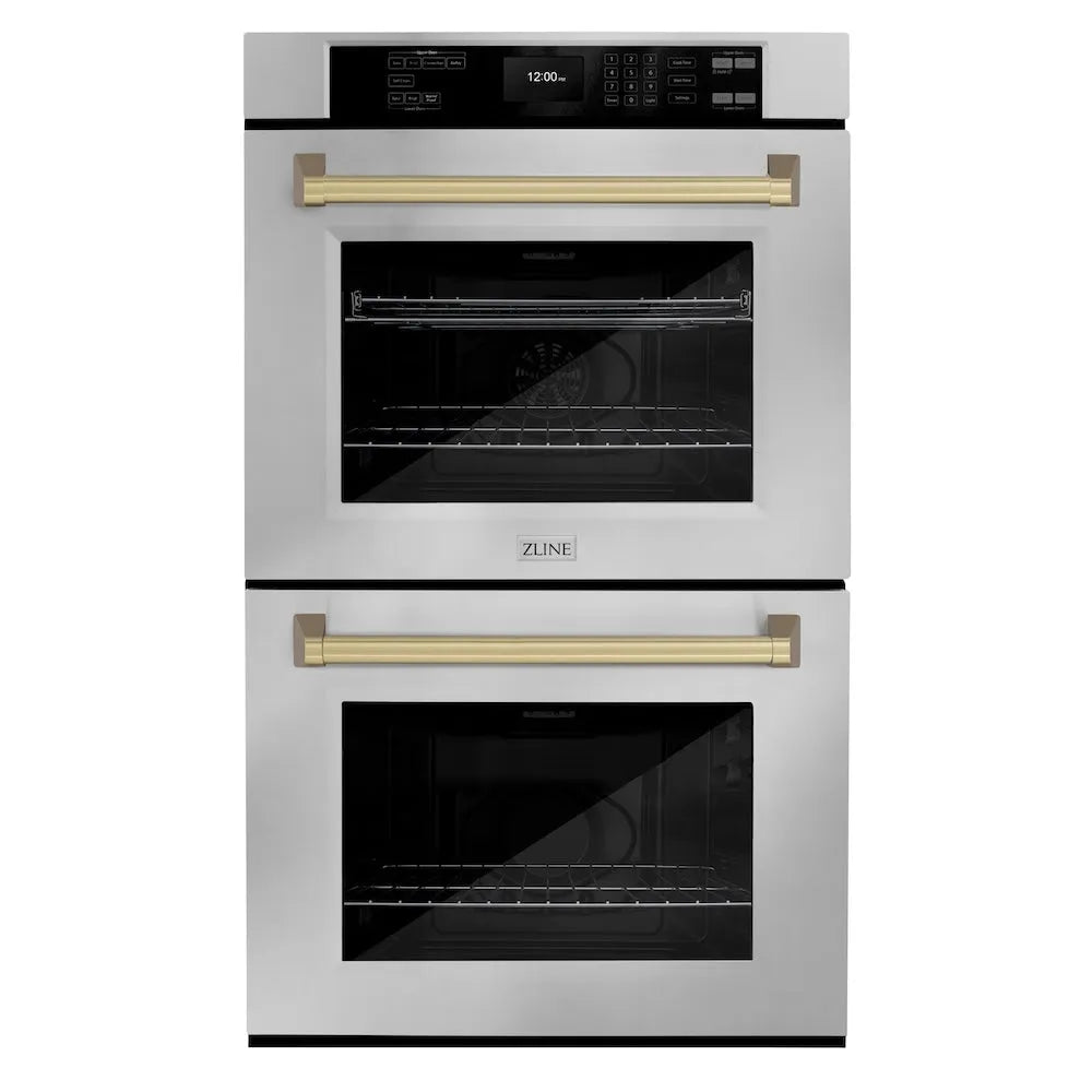 ZLINE Autograph Edition 30 in. Professional True Convection Double Wall Oven with Air Fry and Self Clean in Stainless Steel with Champagne Bronze Handles (WADZ-30-CB) main image.