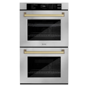 ZLINE Autograph Edition 30 in. Professional True Convection Double Wall Oven with Air Fry and Self Clean in Stainless Steel with Champagne Bronze Handles (WADZ-30-CB) main image.
