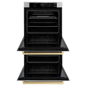 ZLINE Autograph Edition 30 in. Professional True Convection Double Wall Oven with Air Fry and Self Clean in Stainless Steel with Champagne Bronze Handles (WADZ-30-CB) front, open.