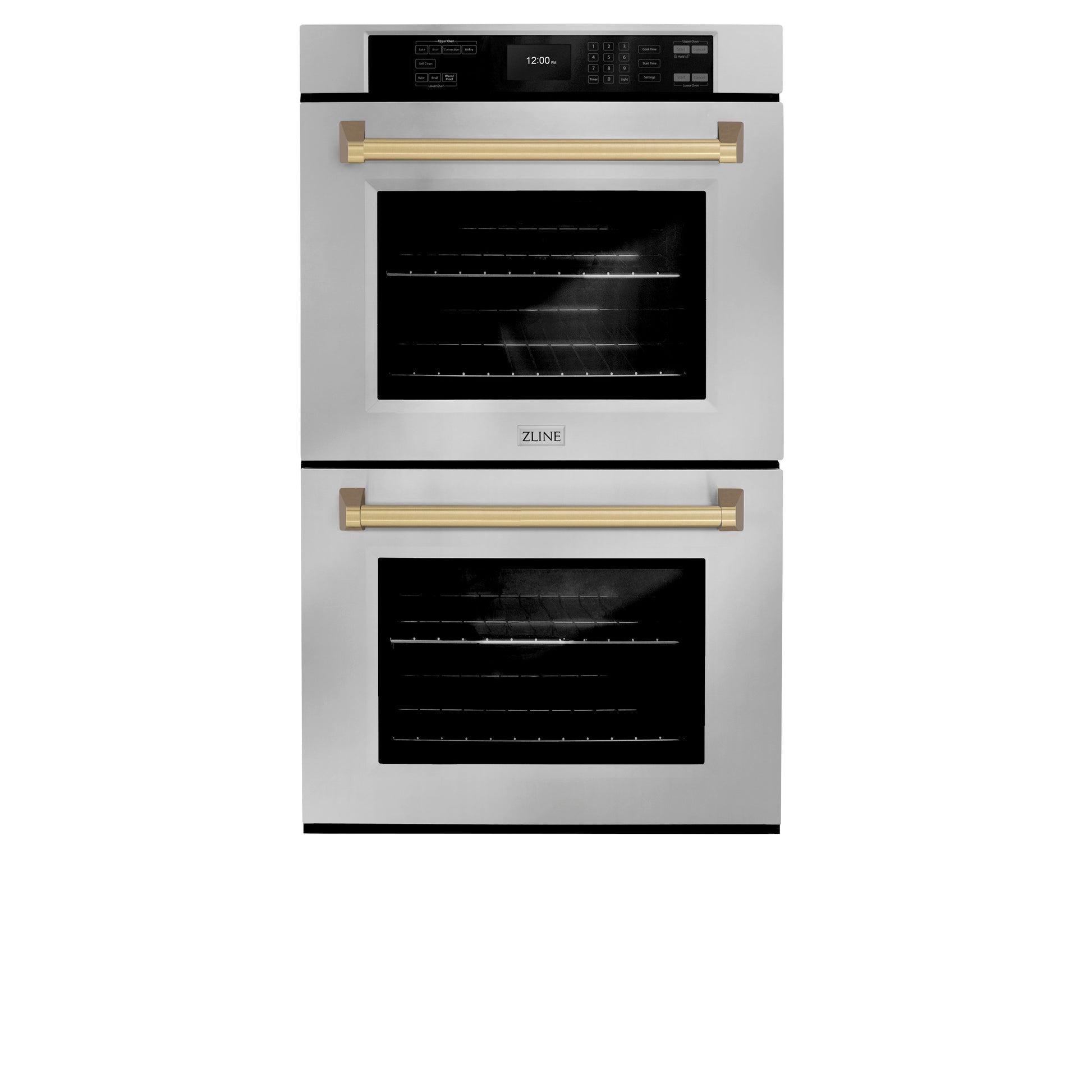 ZLINE Autograph Edition 30 in. Professional True Convection Double Wall Oven with Air Fry and Self Clean in Stainless Steel with Champagne Bronze Handles (WADZ-30-CB) front, closed.