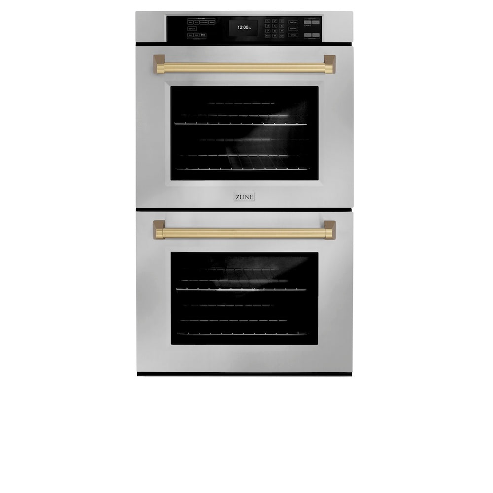 ZLINE Autograph Edition 30 in. Professional True Convection Double Wall Oven with Air Fry and Self Clean in Stainless Steel with Champagne Bronze Handles (WADZ-30-CB)