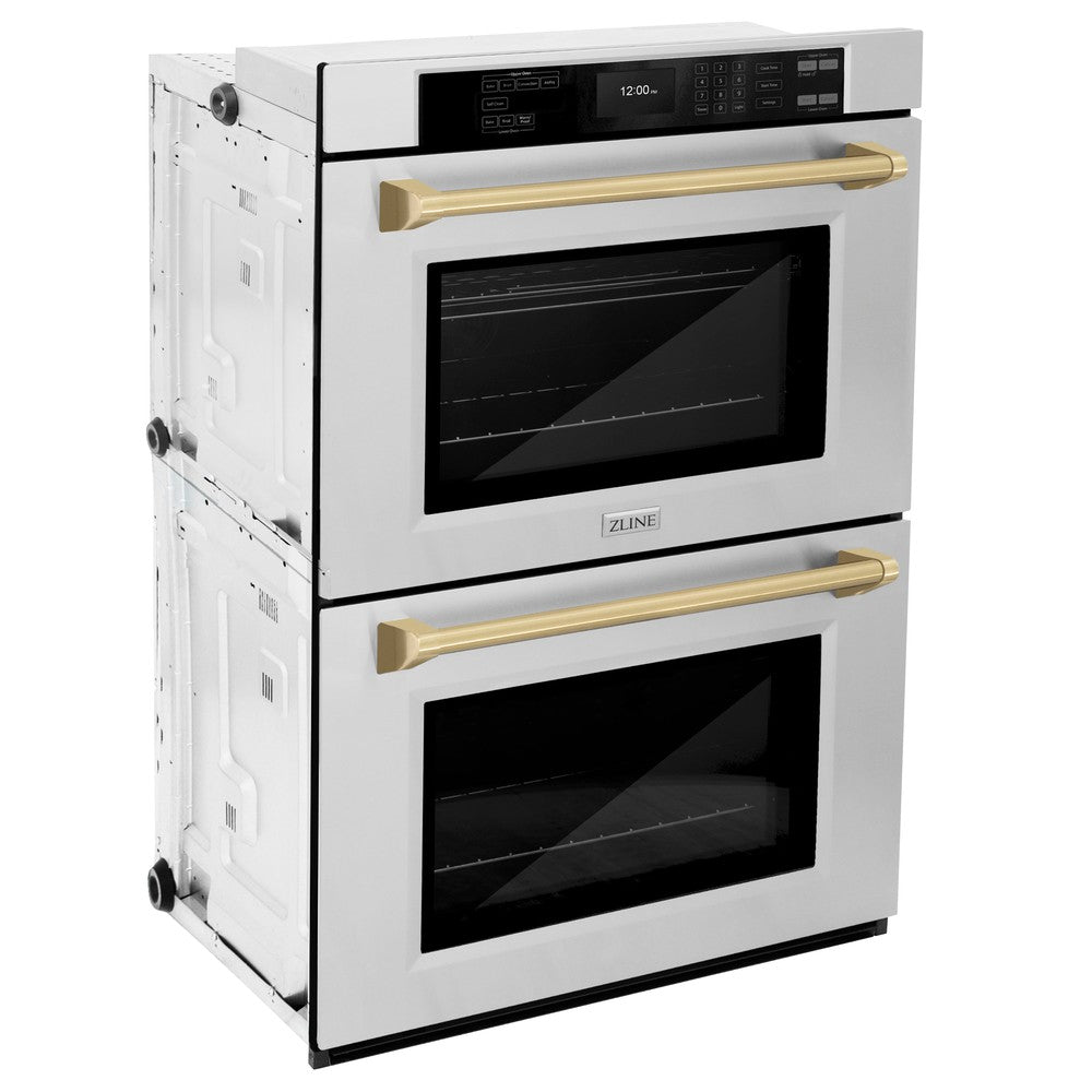 ZLINE Autograph Edition 30 in. Professional True Convection Double Wall Oven with Air Fry and Self Clean in Stainless Steel with Champagne Bronze Handles (WADZ-30-CB) side, closed.