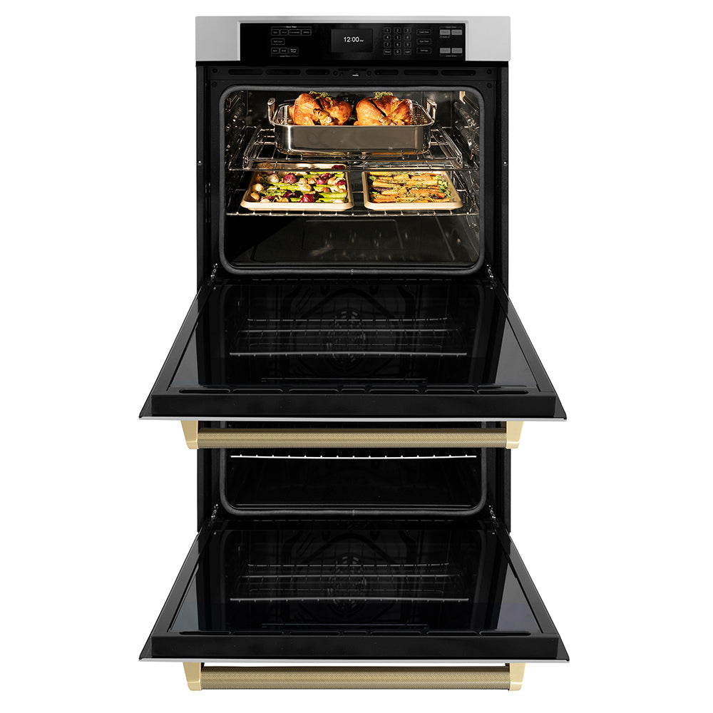 ZLINE Autograph Edition 30 in. Professional True Convection Double Wall Oven with Air Fry and Self Clean in Stainless Steel with Champagne Bronze Helix Handles (WADZ-30-KCB) front.