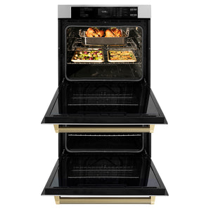 ZLINE Autograph Edition 30 in. Professional True Convection Double Wall Oven with Air Fry and Self Clean in Stainless Steel with Champagne Bronze Helix Handles (WADZ-30-KCB) front.
