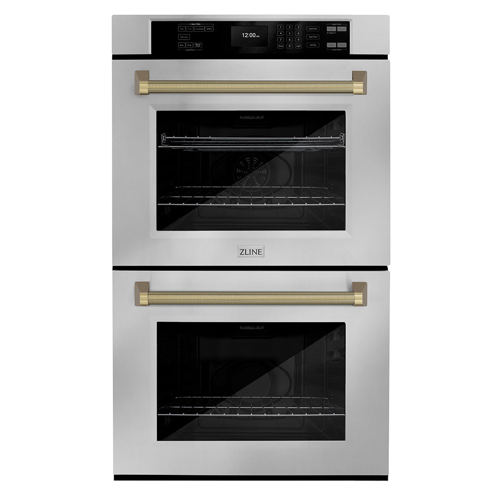 ZLINE Autograph Edition 30 in. Professional True Convection Double Wall Oven with Air Fry and Self Clean in Stainless Steel with Champagne Bronze Helix Handles (WADZ-30-KCB)