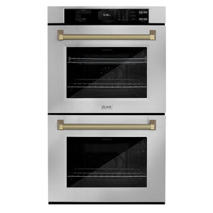 ZLINE Autograph Edition 30 in. Professional True Convection Double Wall Oven with Air Fry and Self Clean in Stainless Steel with Champagne Bronze Helix Handles (WADZ-30-KCB)