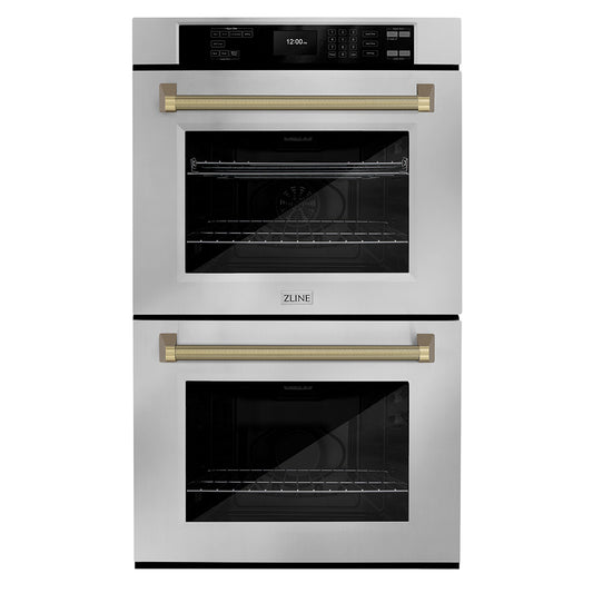 ZLINE Autograph Edition 30 in. Professional True Convection Double Wall Oven with Air Fry and Self Clean in Stainless Steel with Champagne Bronze Helix Handles (WADZ-30-KCB)