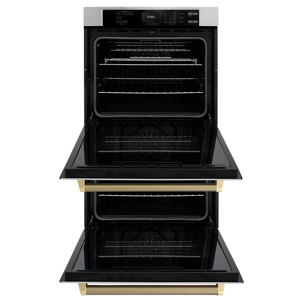ZLINE Autograph Edition 30 in. Professional True Convection Double Wall Oven with Air Fry and Self Clean in Stainless Steel with Champagne Bronze Helix Handles (WADZ-30-KCB) front, open.