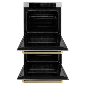 ZLINE Autograph Edition 30 in. Professional True Convection Double Wall Oven with Air Fry and Self Clean in Stainless Steel with Champagne Bronze Helix Handles (WADZ-30-KCB) front, open.