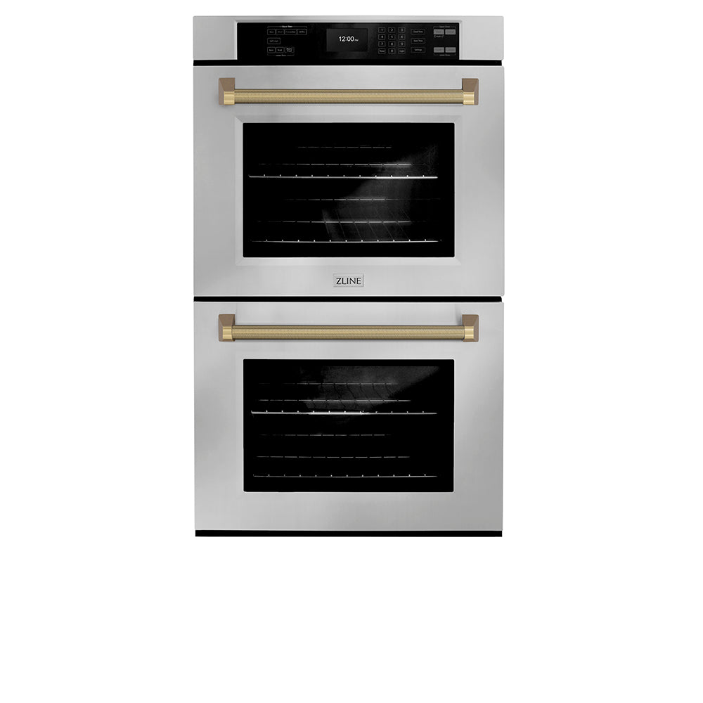 ZLINE Autograph Edition 30 in. Professional True Convection Double Wall Oven with Air Fry and Self Clean in Stainless Steel with Champagne Bronze Helix Handles (WADZ-30-KCB) front.
