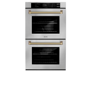 ZLINE Autograph Edition 30 in. Professional True Convection Double Wall Oven with Air Fry and Self Clean in Stainless Steel with Champagne Bronze Helix Handles (WADZ-30-KCB) front.