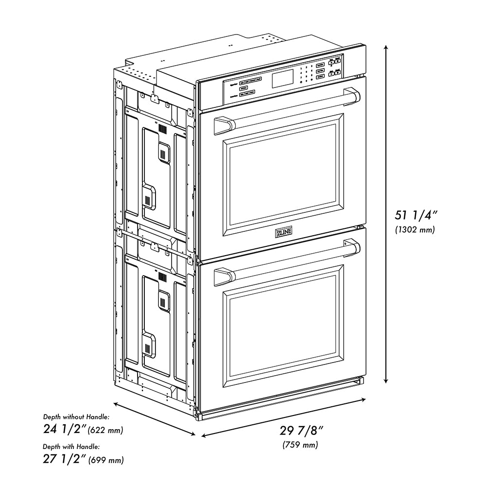 ZLINE Autograph Edition 30 in. Professional True Convection Double Wall Oven with Air Fry and Self Clean in Stainless Steel with Polished Gold Helix Handles (WADZ-30-KG) dimensional diagram.