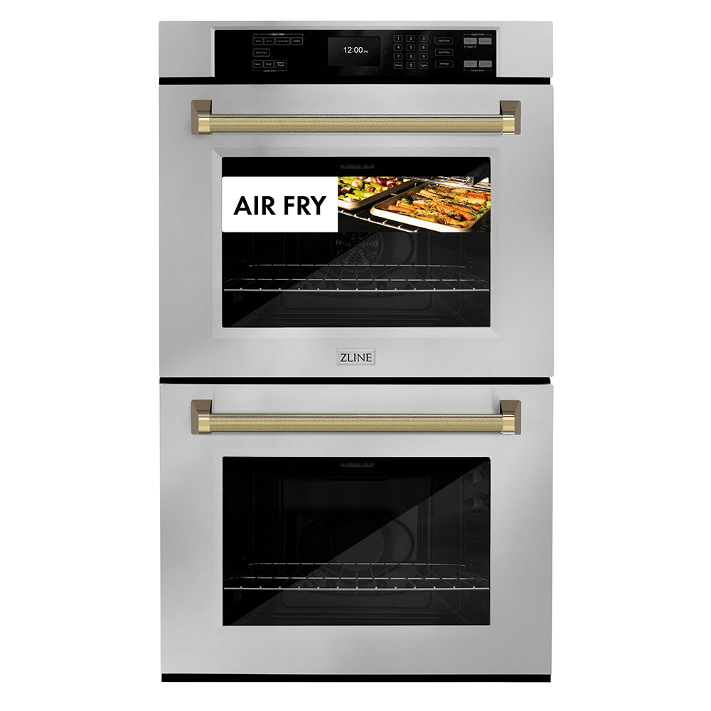 ZLINE Autograph Edition 30 in. Professional True Convection Double Wall Oven with Air Fry and Self Clean in Stainless Steel with Polished Gold Helix Handles (WADZ-30-KG) front, showing air fry capability.