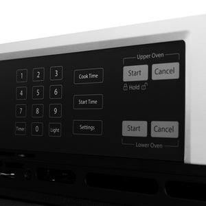 ZLINE Autograph Edition 30 in. Professional True Convection Double Wall Oven with Air Fry and Self Clean in Stainless Steel with Polished Gold Helix Handles (WADZ-30-KG) control panel with digital display and keypad.