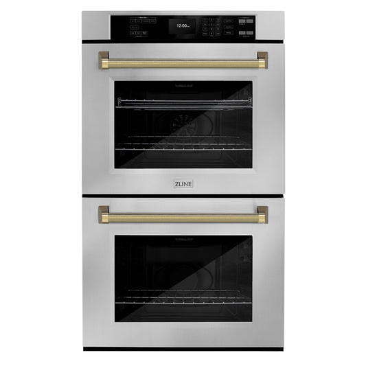 ZLINE Autograph Edition 30 in. Professional True Convection Double Wall Oven with Air Fry and Self Clean in Stainless Steel with Polished Gold Helix Handles (WADZ-30-KG)
