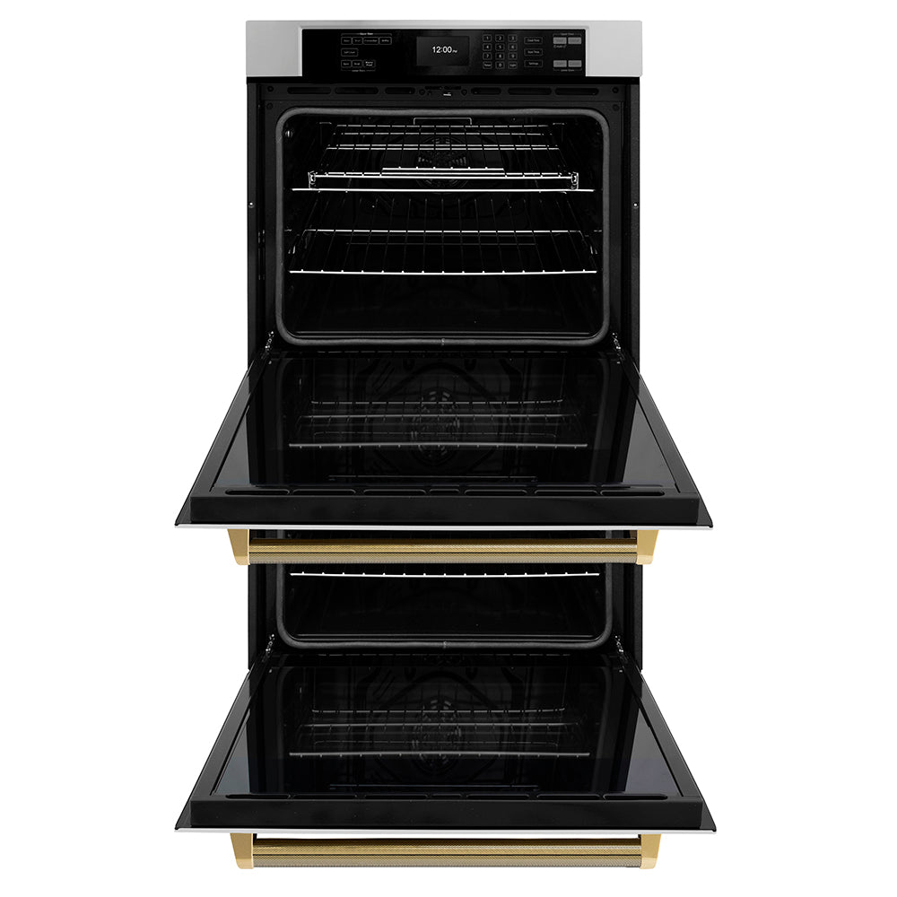 ZLINE Autograph Edition 30 in. Professional True Convection Double Wall Oven with Air Fry and Self Clean in Stainless Steel with Polished Gold Helix Handles (WADZ-30-KG) front, open.