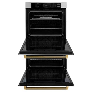ZLINE Autograph Edition 30 in. Professional True Convection Double Wall Oven with Air Fry and Self Clean in Stainless Steel with Polished Gold Helix Handles (WADZ-30-KG) front, open.