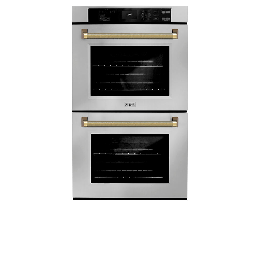 ZLINE Autograph Edition 30 in. Professional True Convection Double Wall Oven with Air Fry and Self Clean in Stainless Steel with Polished Gold Helix Handles (WADZ-30-KG) front.