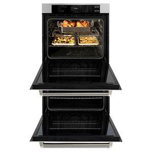 ZLINE Autograph Edition 30 in. Professional True Convection Double Wall Oven with Air Fry and Self Clean in Stainless Steel with Polished Nickel Helix Handles (WADZ-30-KPN) front.