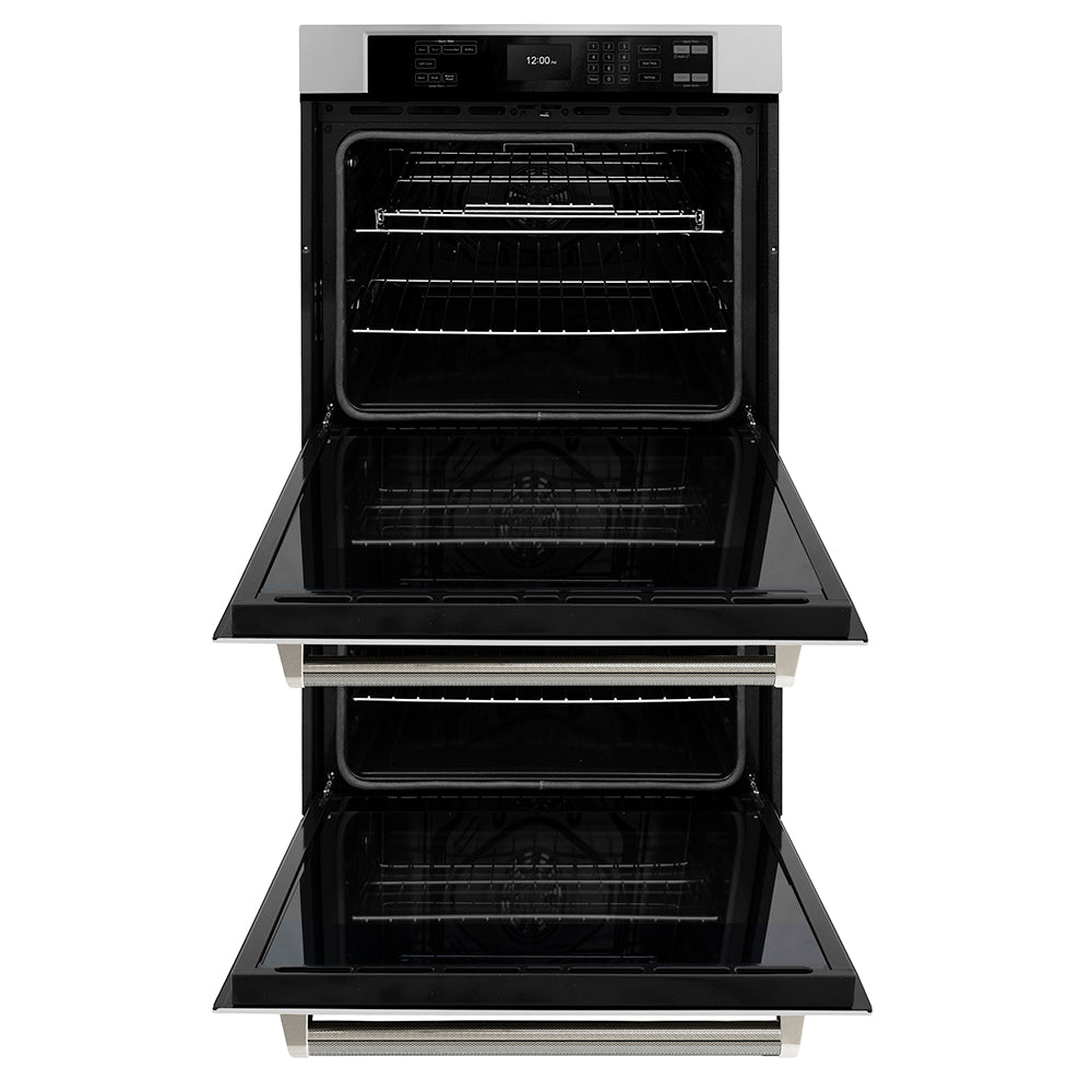 ZLINE Autograph Edition 30 in. Professional True Convection Double Wall Oven with Air Fry and Self Clean in Stainless Steel with Polished Nickel Helix Handles (WADZ-30-KPN) front, open.