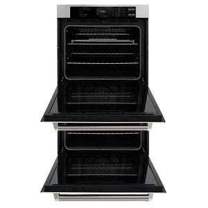 ZLINE Autograph Edition 30 in. Professional True Convection Double Wall Oven with Air Fry and Self Clean in Stainless Steel with Polished Nickel Helix Handles (WADZ-30-KPN) front, open.