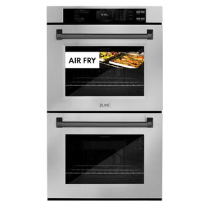 ZLINE Autograph Edition 30 in. Professional True Convection Double Wall Oven with Air Fry and Self Clean in Stainless Steel with Matte Black Handles (WADZ-30-MB) front, closed, with food cooking by air fry.