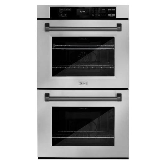 ZLINE Autograph Edition 30 in. Professional True Convection Double Wall Oven with Air Fry and Self Clean in Stainless Steel with Matte Black Handles (WADZ-30-MB) main image.