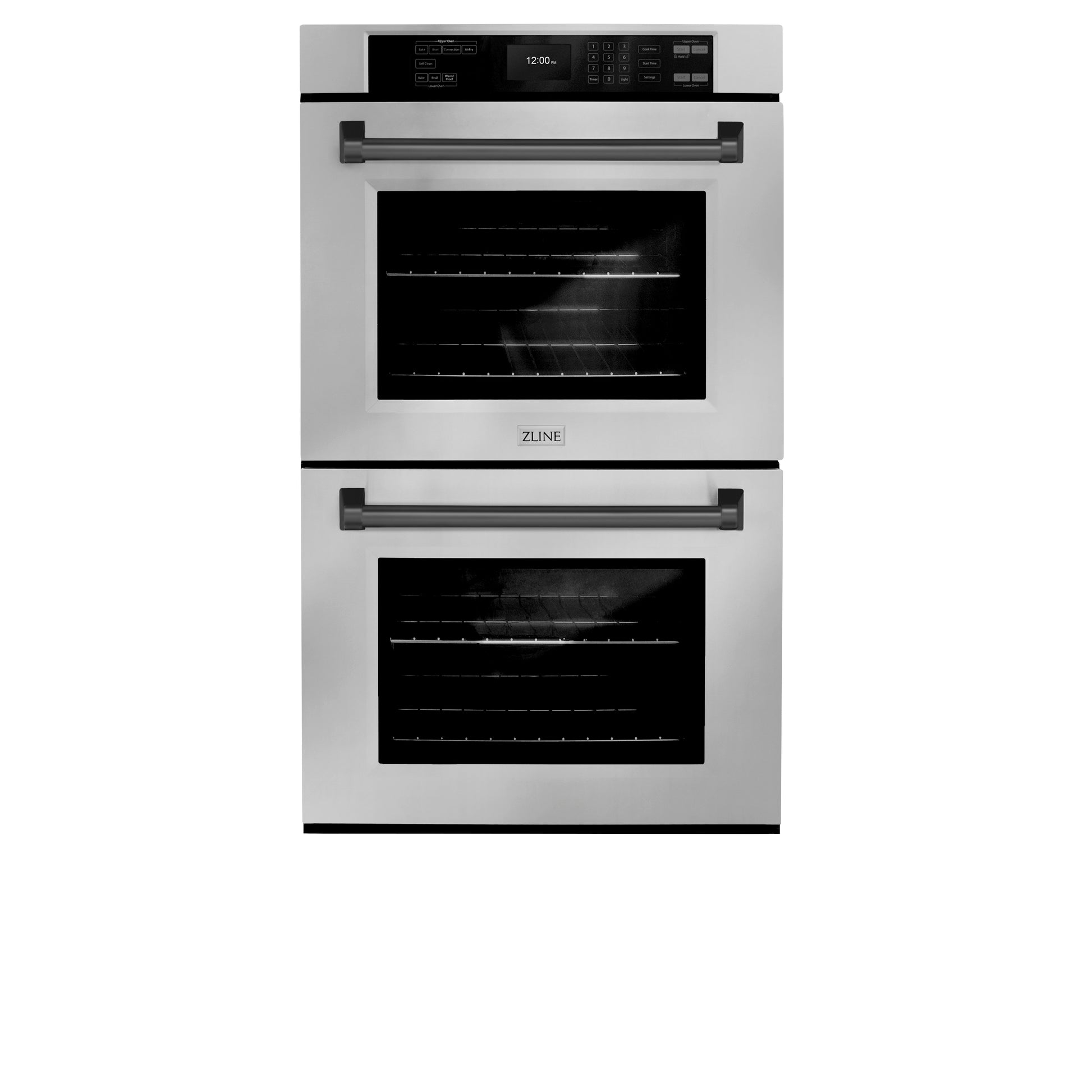 ZLINE Autograph Edition 30 in. Professional True Convection Double Wall Oven with Air Fry and Self Clean in Stainless Steel with Matte Black Handles (WADZ-30-MB) front, closed.