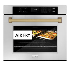 ZLINE Autograph Edition 30 in. Professional True Convection Single Wall Oven with Air Fry and Self Clean in Stainless Steel with Champagne Bronze Handle (WASZ-30-CB) front, closed with food inside. Text: Air Fry