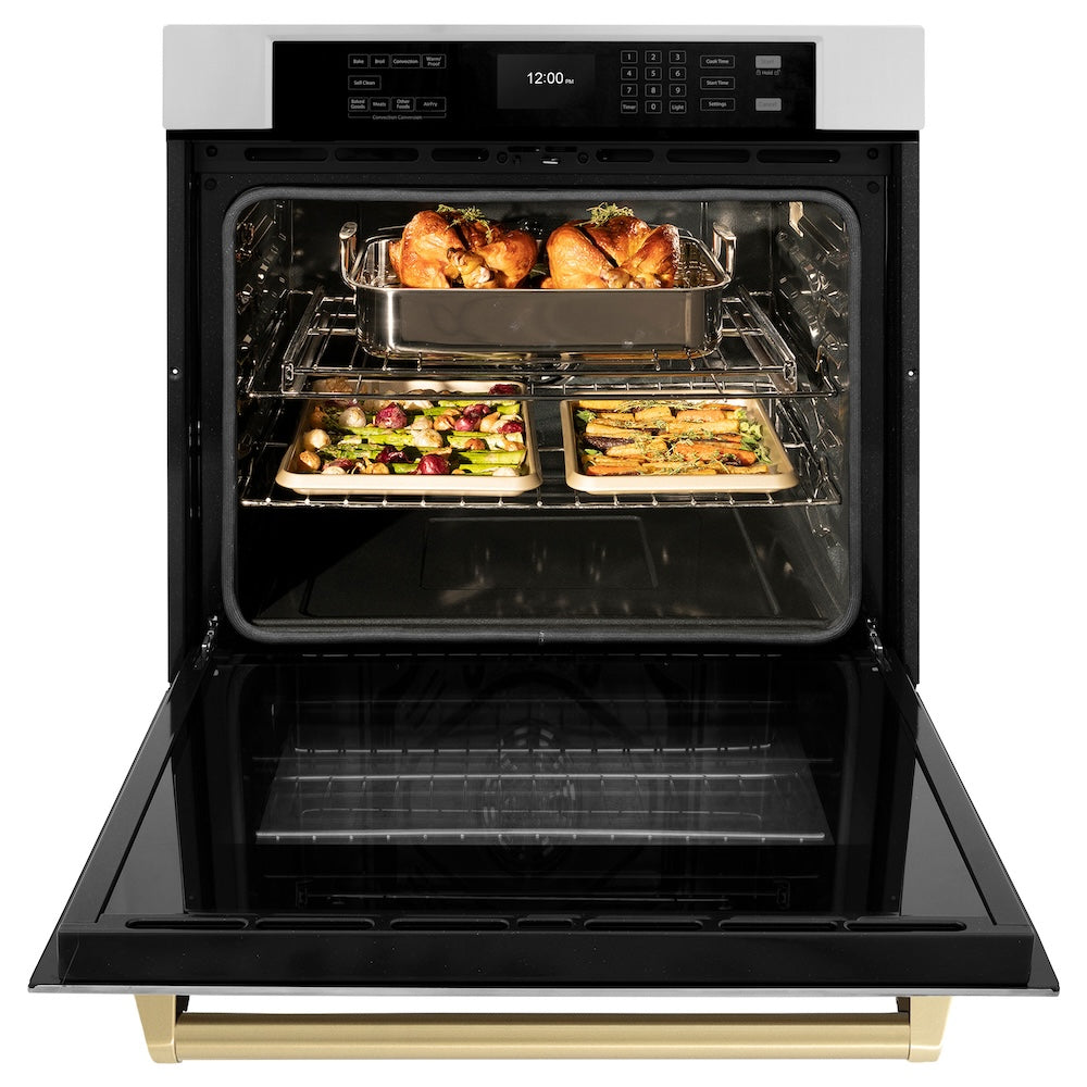 ZLINE Autograph Edition 30 in. Professional True Convection Single Wall Oven with Air Fry and Self Clean in Stainless Steel with Champagne Bronze Handle (WASZ-30-CB) front, open, with food inside.