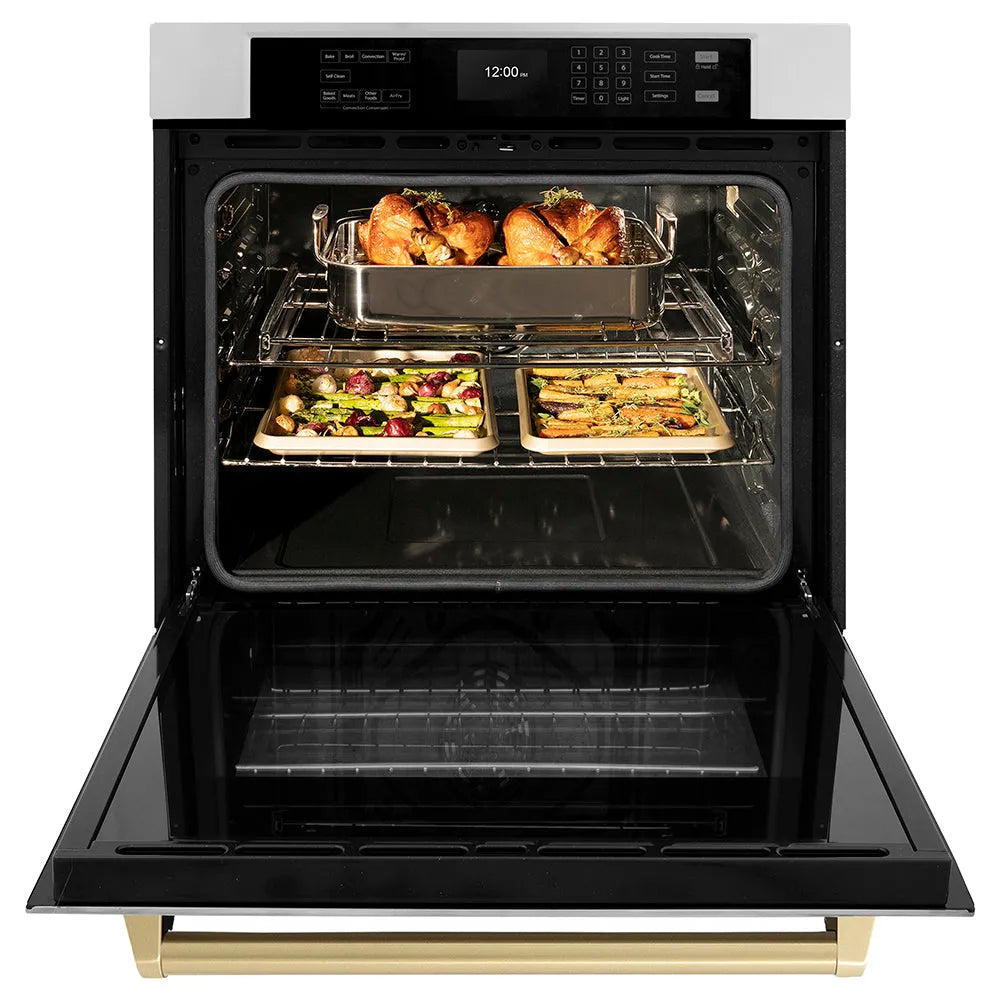 ZLINE Autograph Edition 30 in. Professional True Convection Single Wall Oven with Air Fry and Self Clean in Stainless Steel with Champagne Bronze Handle (WASZ-30-CB) front, open.
