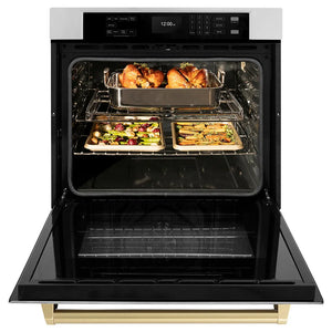 ZLINE Autograph Edition 30 in. Professional True Convection Single Wall Oven with Air Fry and Self Clean in Stainless Steel with Champagne Bronze Handle (WASZ-30-CB) front, open.
