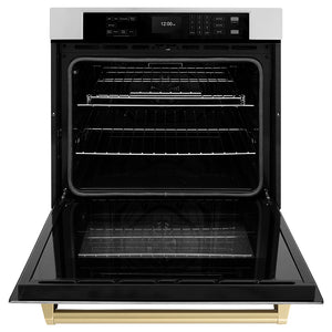 ZLINE Autograph Edition 30 in. Professional True Convection Single Wall Oven with Air Fry and Self Clean in Stainless Steel with Champagne Bronze Handle (WASZ-30-CB) front, open.