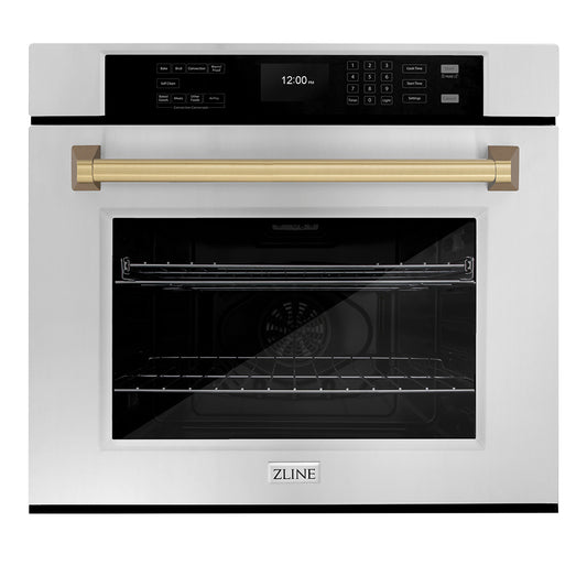 ZLINE Autograph Edition 30 in. Professional True Convection Single Wall Oven with Air Fry and Self Clean in Stainless Steel with Champagne Bronze Handle (WASZ-30-CB) front.