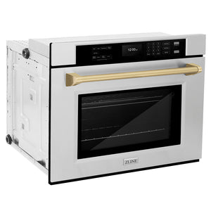 ZLINE Autograph Edition 30 in. Professional True Convection Single Wall Oven with Air Fry and Self Clean in Stainless Steel with Champagne Bronze Handle (WASZ-30-CB) side, closed.